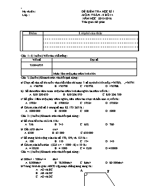 Đề kiểm tra học kỳ I môn Toán Lớp 4 - Năm học 2015-2016 (Có đáp án)